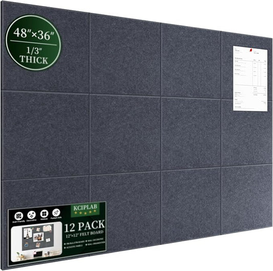 Large Cork Bulletin Board for Wall 48"x36", 12 Pack Felt Wall Tiles with 80 Pushpins, 60 Safe Removable Adhesive Tabs, Decorative Pin Board Tack Board for Office Home School, Dark Gray