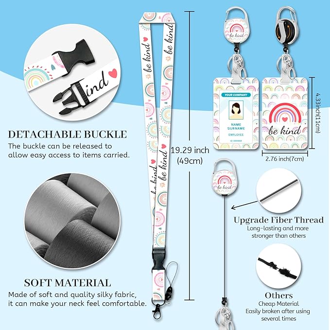 Lanyards for Id Badges, Rainbow Be Kind Badge Holder with Retractable Reel Clip, Cute Work Name Tags Keychain Lanyard ID Card Protector Cover Case for Women Teacher Nurse Doctor Office