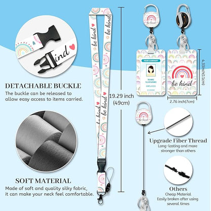 Lanyards for Id Badges, Rainbow Be Kind Badge Holder with Retractable Reel Clip, Cute Work Name Tags Keychain Lanyard ID Card Protector Cover Case for Women Teacher Nurse Doctor Office