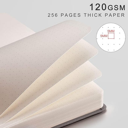 EMSHOI Dotted Notebook - 256 Pages A5 Dot Grid Journal Bullet Notebook with 120gsm Thick Dotted Paper,16 Perforated Pages, Hardcover Leather, Pen Holder, Inner Pocket, 5.75'' × 8.38''-Dark Grey