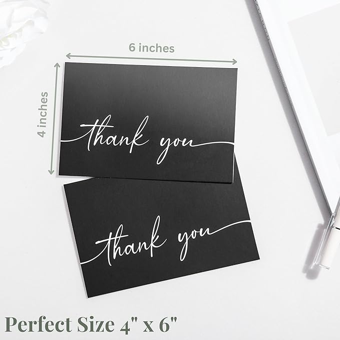 Bulk Pack of 20 Thank You Cards with Envelopes & Stickers, Black Thank You Cards 4x6 Inches - Suitable for Business, Baby Shower, Wedding, Small Business, Graduation, Bridal Shower, Funeral