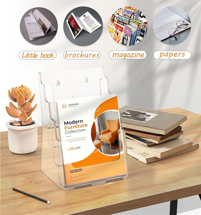 2 Pack Acrylic Brochure Holder 8.5x11 & 4 x9 Inches, Clear 4 Tier Magazine Holder Brochure Display Stand w Removable Divider, Literature Pamphlet Flyer Holder for Wall Mount or Countertop