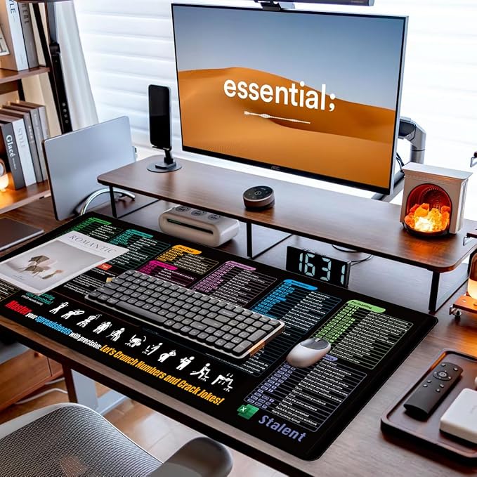 Excel Cheat Sheet Desk Pad, Updated Shortcuts & Gaming Desk Mat (31.5"x11.8") | Non-Slip, Spill-Proof, Black Fabric & Rubber Mat | Employee Appreciation Gift