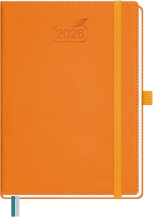 BEZEND 2026 Planner Weekly and Monthly (6" x 8.5") Daily Calendar with Half-Hourly Timeslots & Tabs (Jan-Dec) Note & Expenses, Pen Holder, Inner Pocket, Vegan Leather Hardcover - Orange