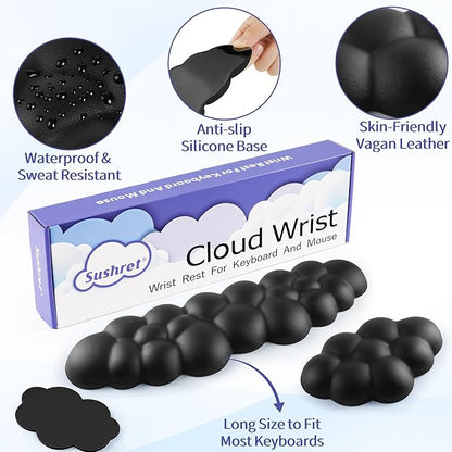 Cloud Wrist Rest Keyboard, Cloud Palm Rest Set with PU Leather Memory Foam, Cute Keyboard Rest for Wrist Support and Arm Rest, Desk Cloud Wrist Pad for PC/Gaming/Hand Cushion/Computer-Black