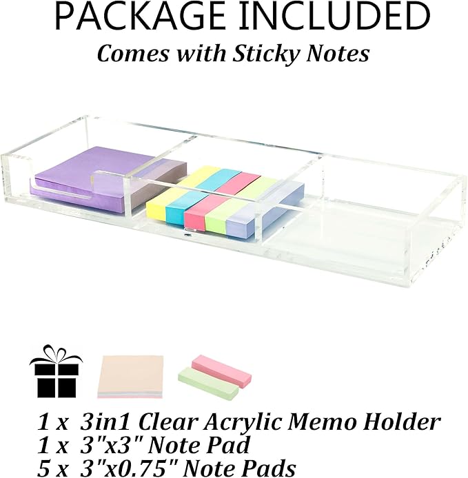 Clear Acrylic Sticky Note Holder, 3in1 Self-Stick Memo Pad Dispenser for Office Home School Post Bank Desk Supplies (DP007)