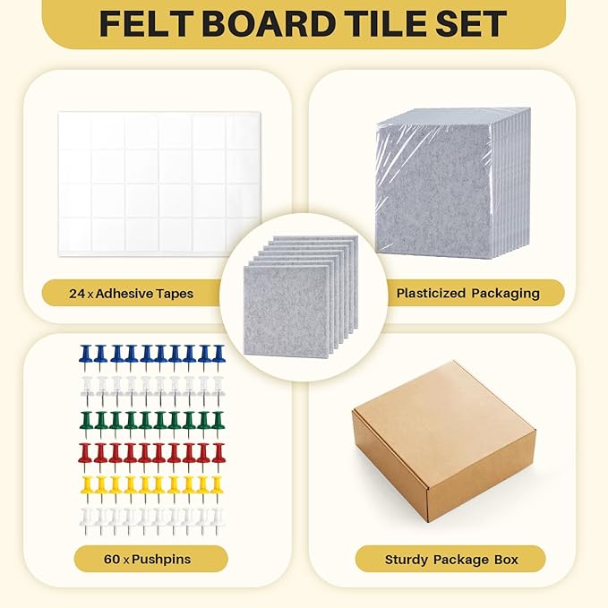 DOLLAR BOSS Large Cork Board for Wall 48" x 36" x 0.5" Bulletin Board 12 Packs Black Cork Board Tiles Self Adhesive Felt Wall Tiles with Pushpins, Corkboard for Office Pin Board Tack Board, Light Grey