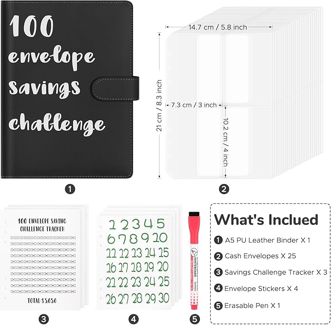 100 Envelopes Challenge Binder, A5 Money Saving Budget Binder with Upgraded Cash Envelopes & Pen, Budget Savings Challenge Book to Save $5,050, 3 Reusable Laminated Saving Challenge Tracker Included