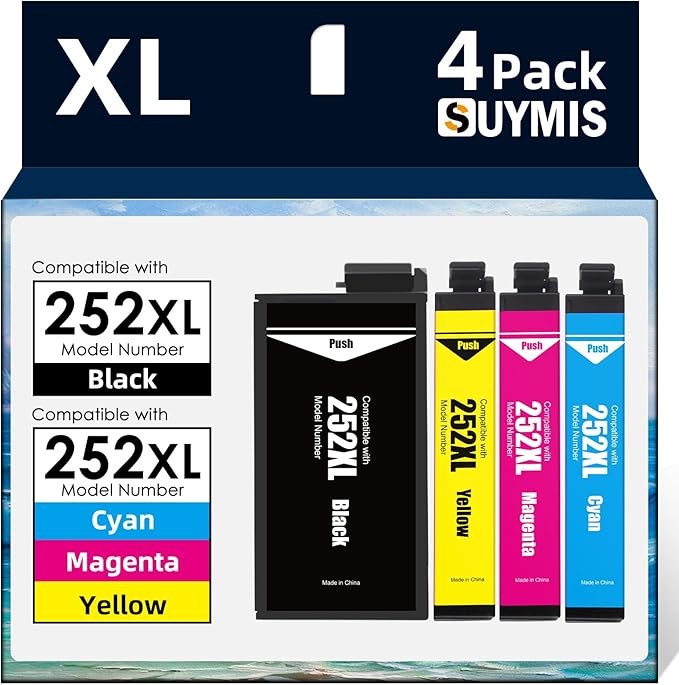 SUYMIS Remanufactured Ink Cartridges Replacement for Epson 252XL 252 XL T252XL to Use for Workforce WF-7110 WF-7720 WF-7710 WF-3620 WF-3640 Printer (1 Large Black, 1 Cyan, 1 Magenta, 1 Yellow) 4 Pack