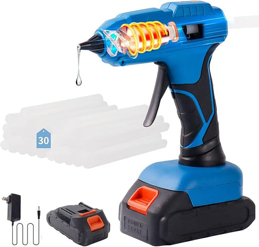 60W cordless hot glue gun, powered by a 20V battery, comes with 30 full-size glue sticks, anti drip, fast heating, perfect for DIY crafts, maintenance, and home projects (including batteries)