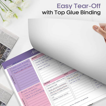 Weekly To Do List Notepad with 52 Tear Off Sheets（8.5"×11"）- Undated Weekly Desk Planner for Women & Man,Work and Home-Violet Whispers