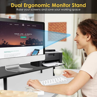 Dual-Monitor-Stand-Riser-For-Desk Adjustable Length 32-40 Inch，Large Desktop Computer Monitor Riser For 2 Screens，Desk Shelf Organizer Riser Stand For Computer/Laptop/PC/Printer/TV Black
