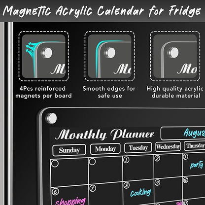 DIYMAG Acrylic Magnetic Dry Erase Calendar for Fridge, Clear Acrylic Calendar Planning Board Magnetic Monthly Planner Menu for Refrigerator with 3 Highlight Markers