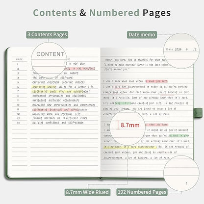 AHGXG Wide Ruled Notebook for School - Lined Journal for Women Men, 192 Numbered Pages, 100 GSM Thick Paper, A5 Hardcover Leather Notebook for Work, Writing, 5.7"×8.3" - Sage Green