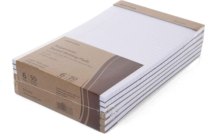 Mintra Office Recycled Writing Pads 6pk (White, Junior (5in x 8in)) - 50 Sheets per Notepad, Micro perforated, Legal Pad, Notebook Paper for School, College, Office, Business