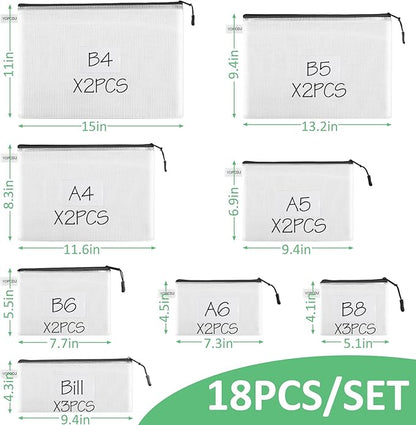 18 Pack 8 size Mesh zipper pouch bags, Zipper Bags with Label Pocket,File Bags for Classroom Organization,Zipper Pouches of office supplies,Puzzles, Board Game Storage