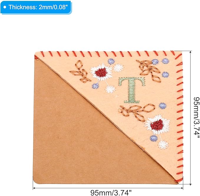 PATIKIL Personalized Embroidered Corner Bookmark, Cute Flower Felt Stitched Triangle Book Mark Page Marker for Women Men Book Lovers Teachers, Pink, Letter T