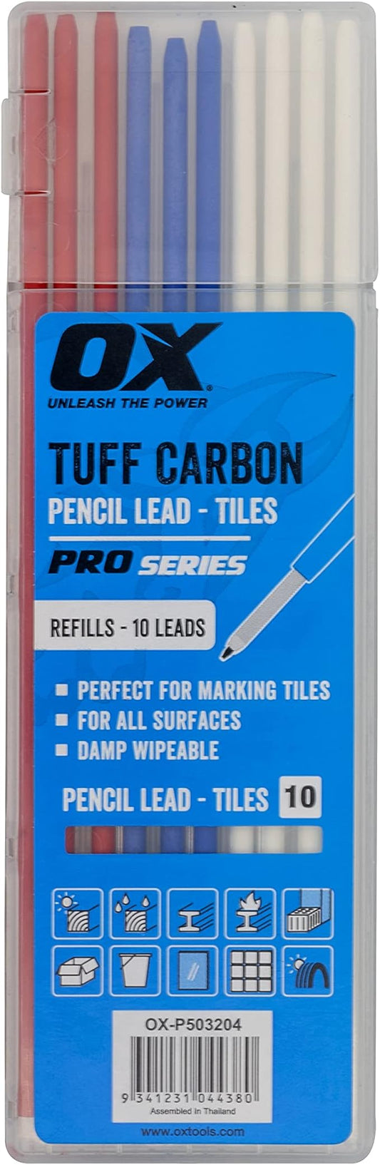 OX Tools Tuff Carbon Marking Pencil Replacement Lead 10-Pack with Red, Blue & White Lead, 2.88 mm lead - Designed For Tile Marking, OX-P503204