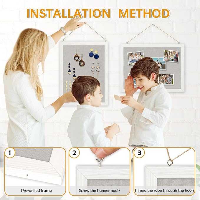 DOLLAR BOSS Cork Boards with Linen 2-Pack 16''X 12'' Cork Board for Walls White Wood Framed Small Bulletin Board Hanging Pin Board for Home Kitchen Office Decoration 20 Pushpin, Grey