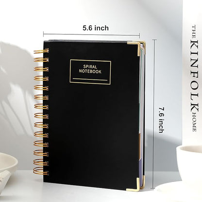Hardcover Spiral Notebook with Tabs 5.5"x7.5" Small Spiral Lined Journals for Women with Dividers 220 Pages College Ruled Composition Notebook 5 Subject Notebook for Work, Back to School, Gifts, Black
