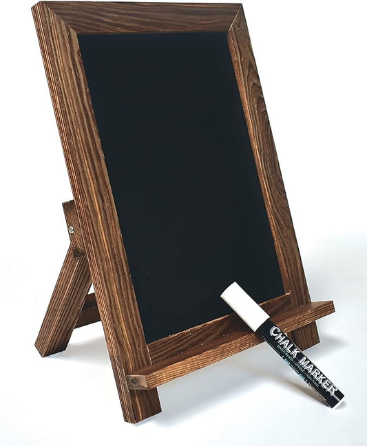Better Office Products Framed Tabletop Chalkboard Sign, 9.5" x 14", Rustic Wood Frame, Small Magnetic Chalkboard, Built-in Ledge and Folding Stand, One White Chalk Marker Included,(Rustic Brown)
