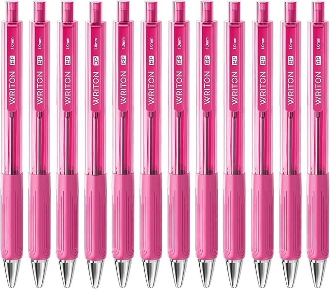 Writon Retractable Ballpoint Pens, Triangle Grip and Barrel, 1.0mm Medium Point, Pink Ink, 12 Pack