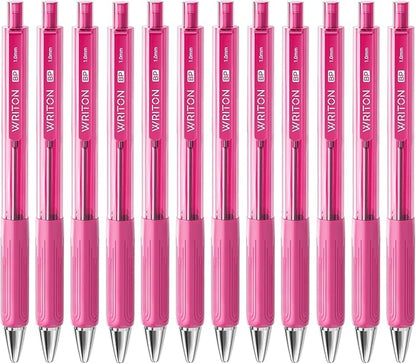 Writon Retractable Ballpoint Pens, Triangle Grip and Barrel, 1.0mm Medium Point, Pink Ink, 12 Pack