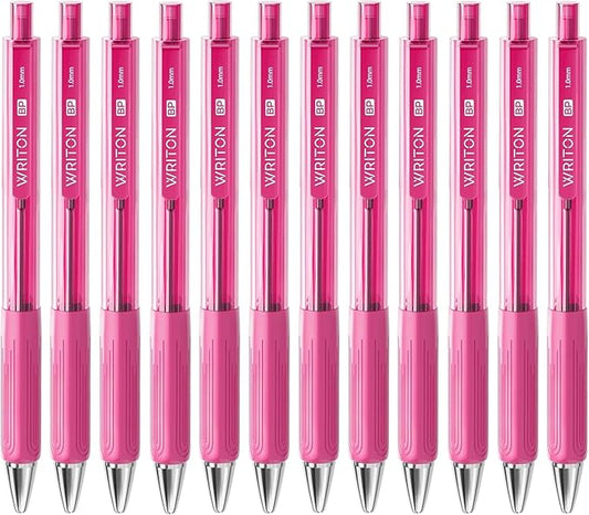 Writon Retractable Ballpoint Pens, Triangle Grip and Barrel, 1.0mm Medium Point, Pink Ink, 12 Pack