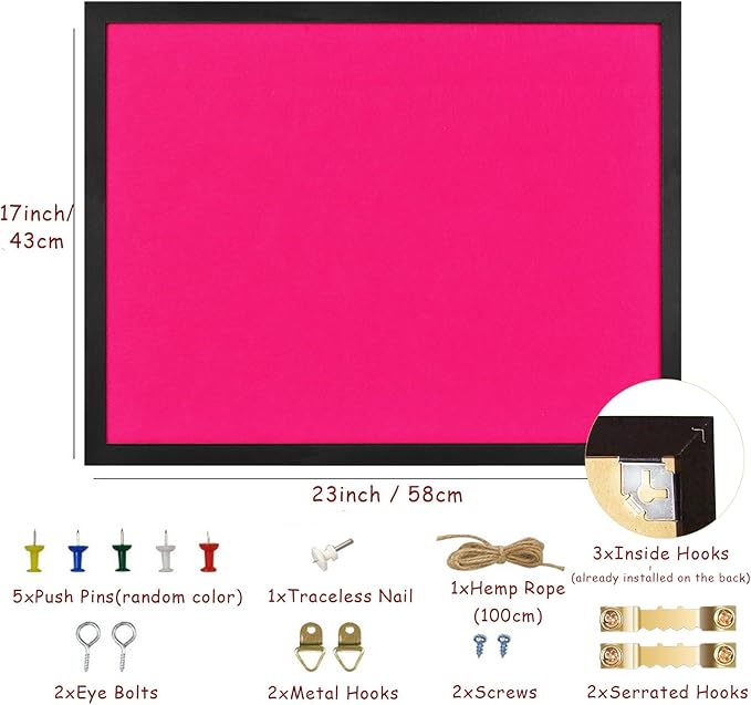 Large Bulletin Board Cork Boards Vision Board with Felt, 23"x17" Display Pin Board for Walls, Desk, Jewelry, Notes, Collection, Photos, Office, Black Framed and Pink Felt Board, 1pc