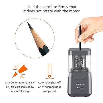 Amazon Basics Portable Electric Pencil Sharpener, Helical Blade, Auto Stop, Battery/USB Cord Operated, Black, 2.87 x 2.87 x 5.3 in