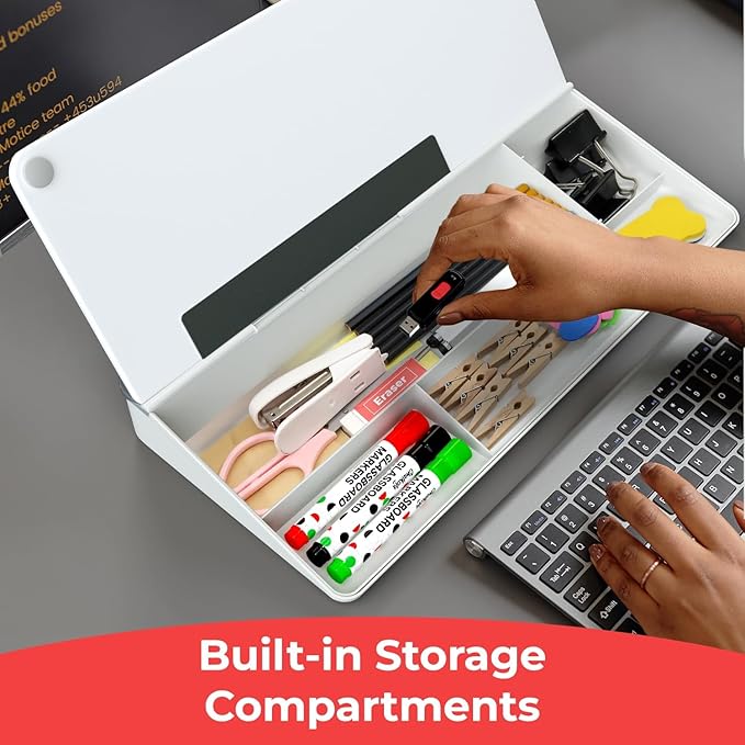 Chalkola Glass Desktop Whiteboard with Storage - Dry Erase Board, Work Desk Organizers, Computer Keyboard Stand, Home Office Desk Accessories, Small White Board, Workspace Desktop Buddy + 3 Markers