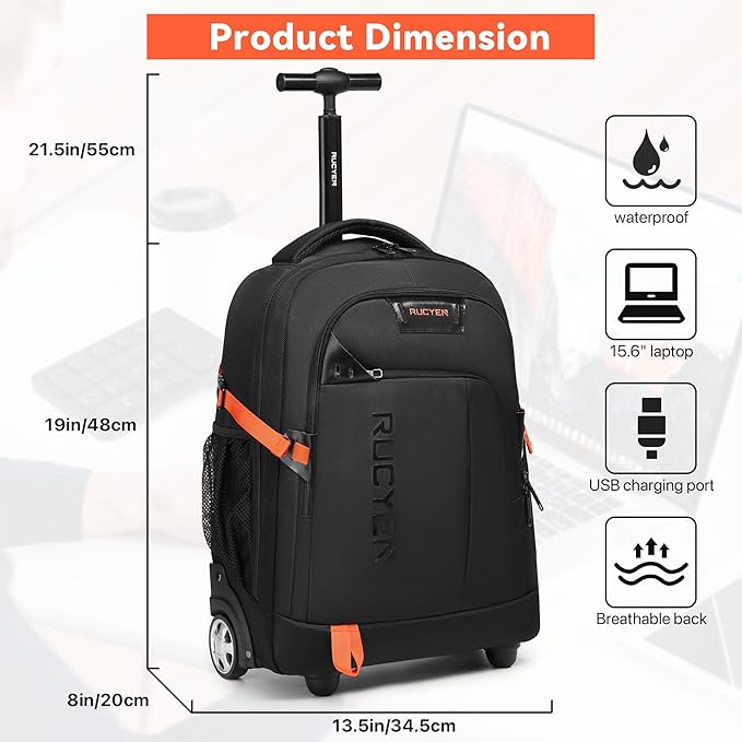 Rolling Backpack, 18 inch Laptop Travel Backpack with Wheels for Men Women, Rolling Wheeled Backpack for Business Travel