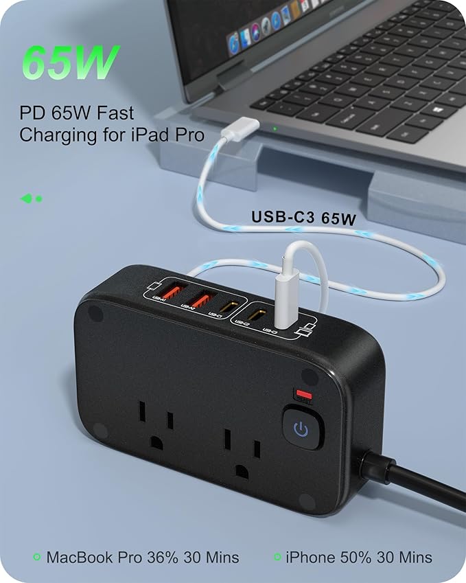 7-in-1 Power Strip, PD GaN 65W USB C Power Strip with 3 USB-C, 2 USB-A Ports and 2500W AC Outlet, Flat Plug Sleek Socket Essentials for Home/Office/College/Travel (Pearl Black, 65W)