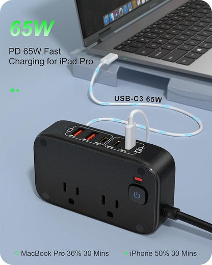 7-in-1 Power Strip, PD GaN 65W USB C Power Strip with 3 USB-C, 2 USB-A Ports and 2500W AC Outlet, Flat Plug Sleek Socket Essentials for Home/Office/College/Travel (Pearl Black, 65W)