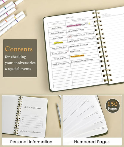 Lined Spiral Journal Notebook, A5 Hardcover Spiral Journals for Women Men, 150 Numbered Pages Spiral Bound Notebook, 100 GSM College Ruled Notebooks for Writing Note Taking 5.75" x 8.38", Olive Green