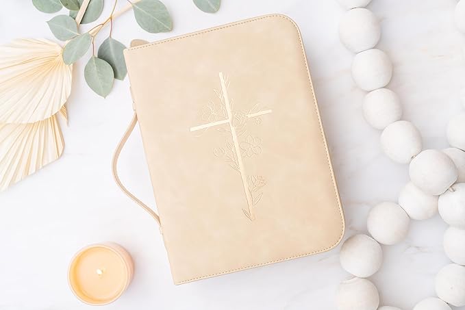 Bible Cover Case for Women - PU Leather Bible Covers for Women –Bible Case for Girls - Minimalist Design Debossed Bible Case, Large Bible Covers for Women – Bible Accessories (Beige/Gold)