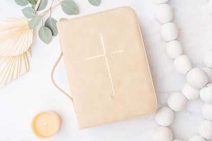 Bible Cover Case for Women - PU Leather Bible Covers for Women –Bible Case for Girls - Minimalist Design Debossed Bible Case, Large Bible Covers for Women – Bible Accessories (Beige/Gold)