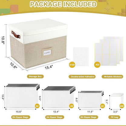 Board Game Storage, Board Game Organizer with 12pcs Zipper Bags and Writable Stickers, Board Game Organizers Storage with Lid for Office Supplies, Puzzles, Video Game, Craft Product