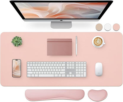 Bloss Leather Desk Pad and Keyboard Wrist Rest, Large Mouse Pad + Keyboard Pad+Mouse Wrist Support, Non-Slip Desk Mat Protector for Office, Home (35.4×15.7 Inches,Pink)