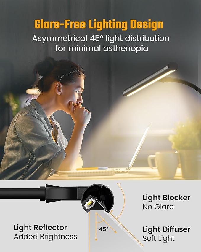 SUPERDANNY Desk Lamp for Home Office, Eye-Caring Desk Light with Adjustable Gooseneck, 12W Touch Control Dimmable Brightness, Architect Clamp Lamp for Computer Monitor