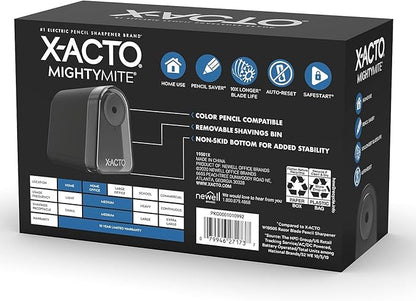 X-ACTO Pencil Sharpener, Mighty Mite Electric Pencil Sharpener with Pencil Saver, SafeStart Motor, Small Pencil Sharpener Perfect for Teacher and Homeschooling Supplies, Black, 1 Count