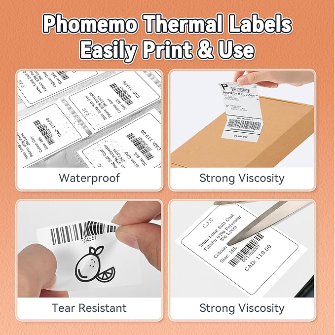 Phomemo Thermal Sticker Label Paper, Multi-Purpose Self-Adhesive Tag for M120/M110/M100/M200/M220/M150/M250 Label Maker Machine, 1.57"x1.57"(40X 40mm), 180 Labels/Roll,Black on White
