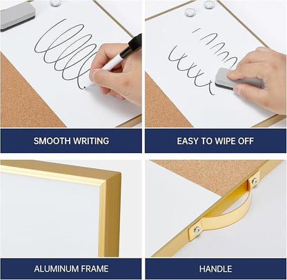 TSJ OFFICE Small Combination Board - 12" X 16" Portable Aluminum Gold Framed Magnetic Dry Erase Board for Wall, Small Bulletin Cork Board with Holder for Office, Home and School