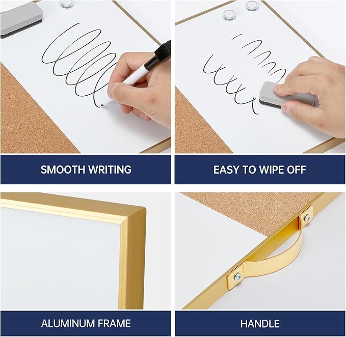 TSJ OFFICE Small Combination Board - 12" X 16" Portable Aluminum Gold Framed Magnetic Dry Erase Board for Wall, Small Bulletin Cork Board with Holder for Office, Home and School