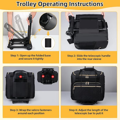 Rolling Teacher Tote Bag with Detachable Trolley, Wheeled Teacher Bag with 15 Inch Laptop Compartment, Soft Nylon Multifunctional Tote Bag with Wheels for Teaching& Office Supplies (Black)