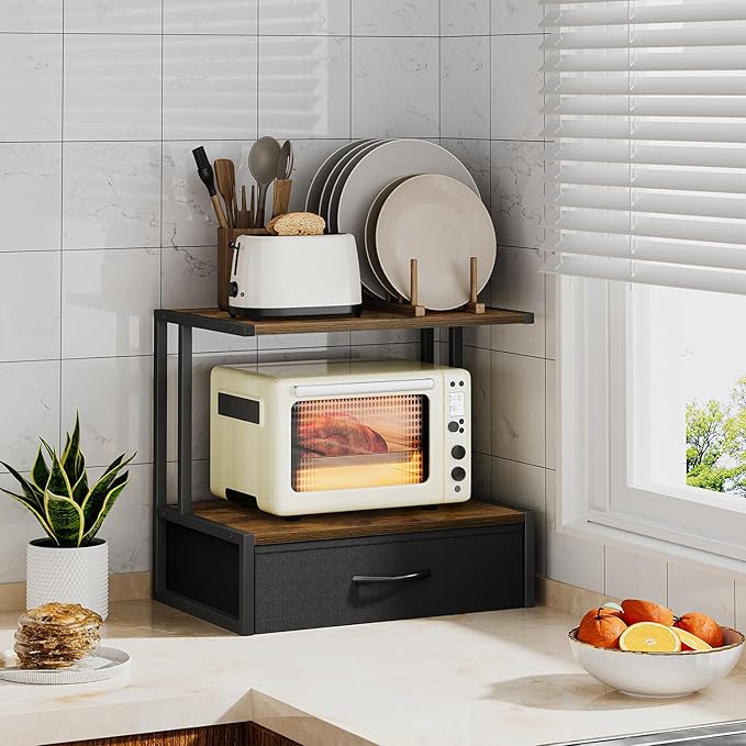 Printer Stand with Storage for Desk, with Fabric Drawer Desktop Printer Stand Shelf Organzier for Home Office, for Above and Under Desk Printer Table, Fax Machine Copier Scanner, Rustic Brown