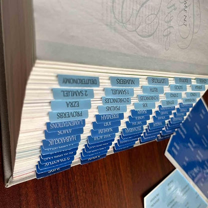 Thinkor Reposition Bible Tabs, Large Print Lanimated Stickers, Easy to Read and Apply Bible Tabs for Women and Man (Four Blue)