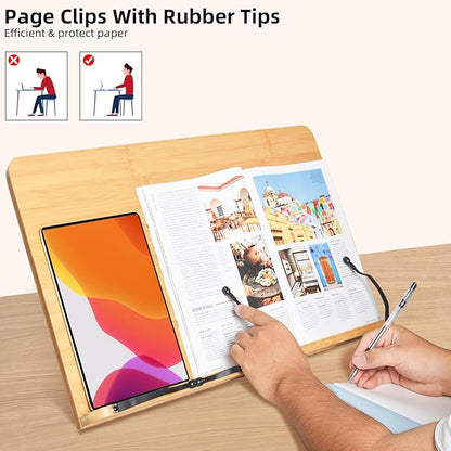 wishacc 24" Oversized Large Bamboo Book Stand & Holder for Reading Hands Free for Large Books in Bed,Cookbook,Textbook,Law,with 8 Adjustable Height Laptop Stand