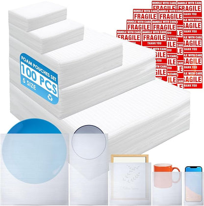 100 Pack Cushion Foam Pouches 5 Sizes wrap pouches dish packing kit (4"x6",6"x6",7.5"x7.5",7.5"x12",12"x12")Packing Supplies for Moving Packing Materials For Fragile Items Incidental50Fragile Stickers