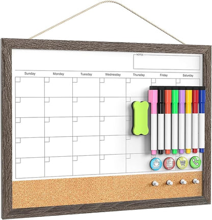 Whiteboard Calendar & Corkboard for Wall, 17"x13" Magnetic Dry Erase Monthly Calendar with Wood Framed, White Board Cork Board Combo, Calendar Bulletin Board for Home Kitchen Office Memo Planner